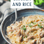 Slow cooker chicken and rice with fork and title at top