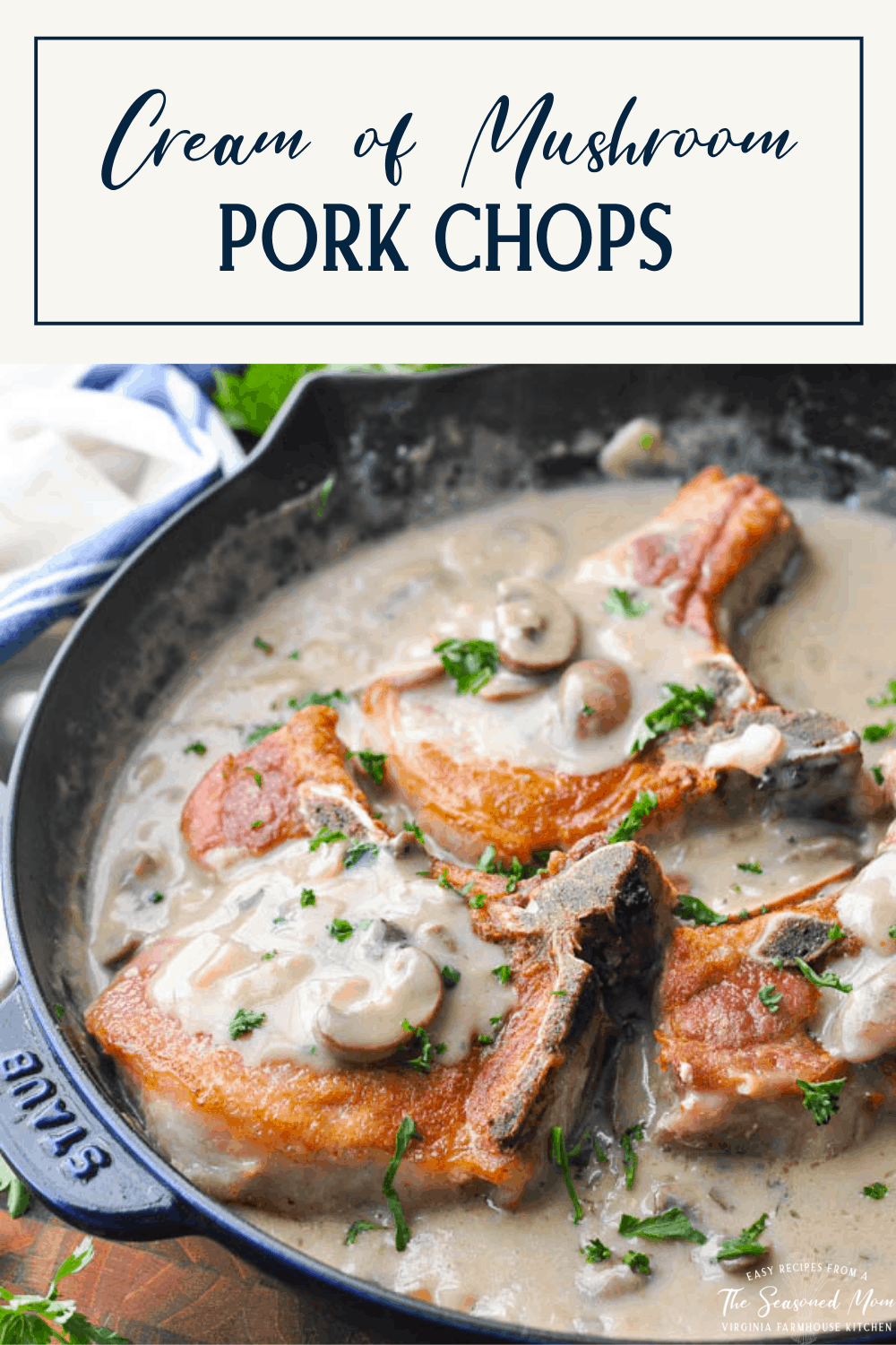 Text title box over an image of cream of mushroom pork chops