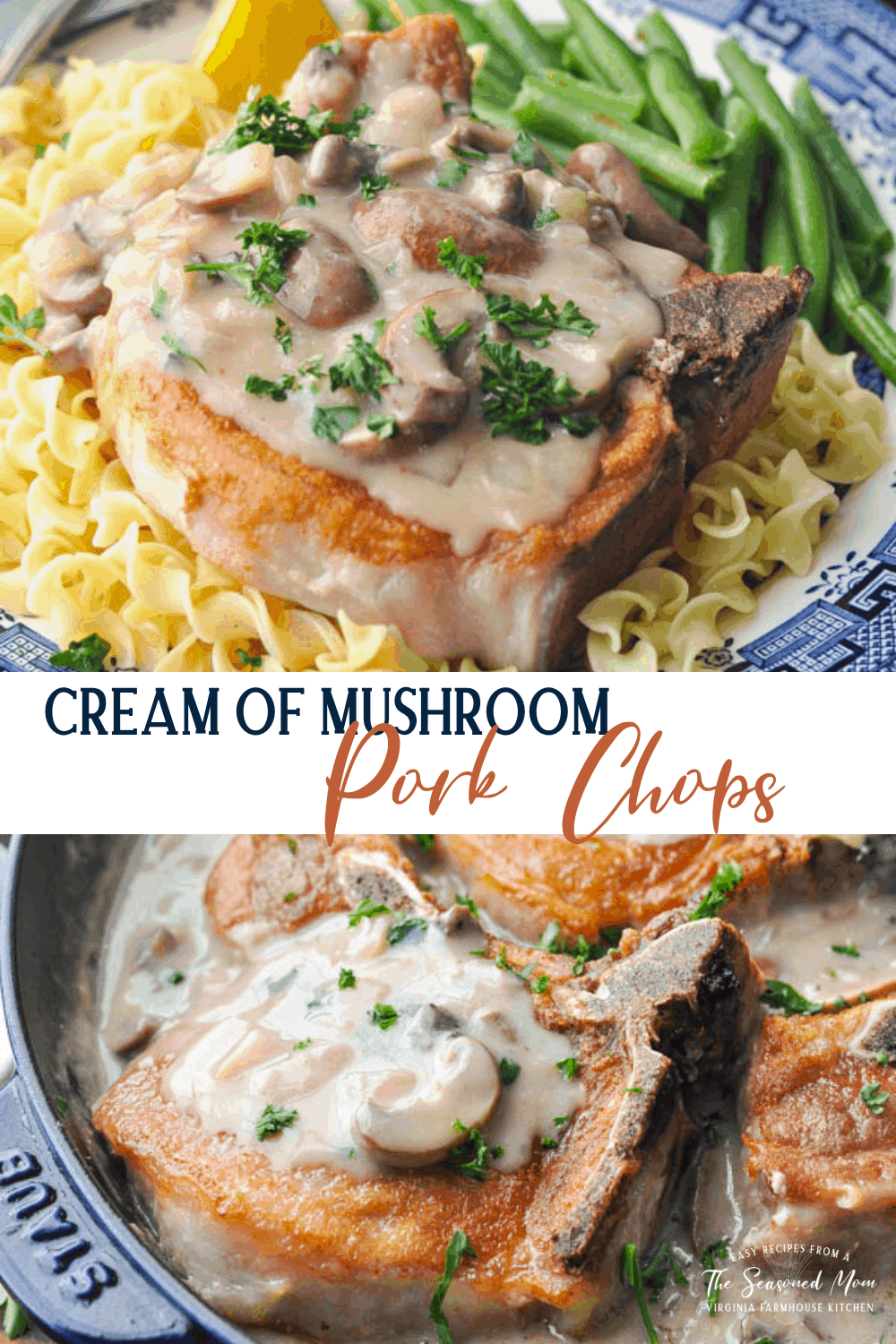 Long collage of cream of mushroom pork chops