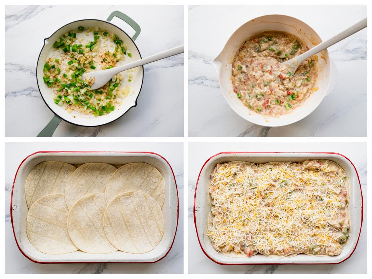 Horizontal collage of process shots showing how to make king ranch chicken casserole.