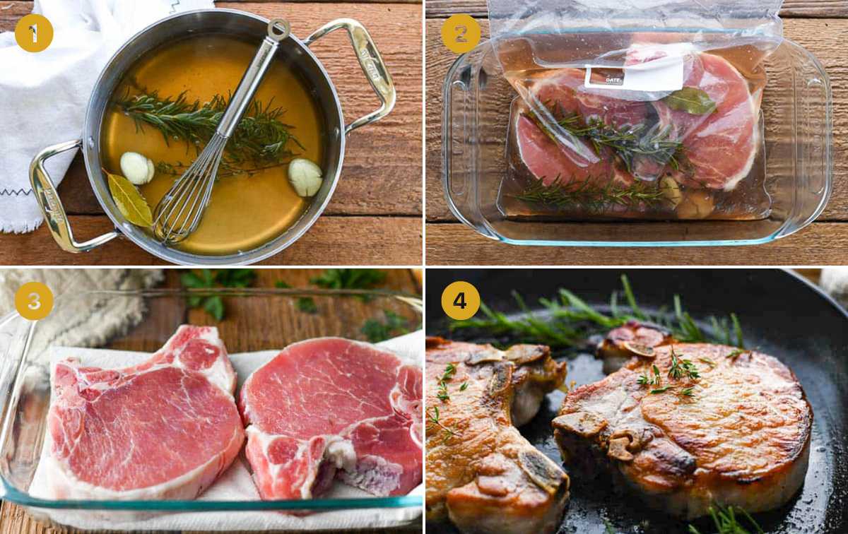 Horizontal collage image of process shots showing how to brine pork chops.