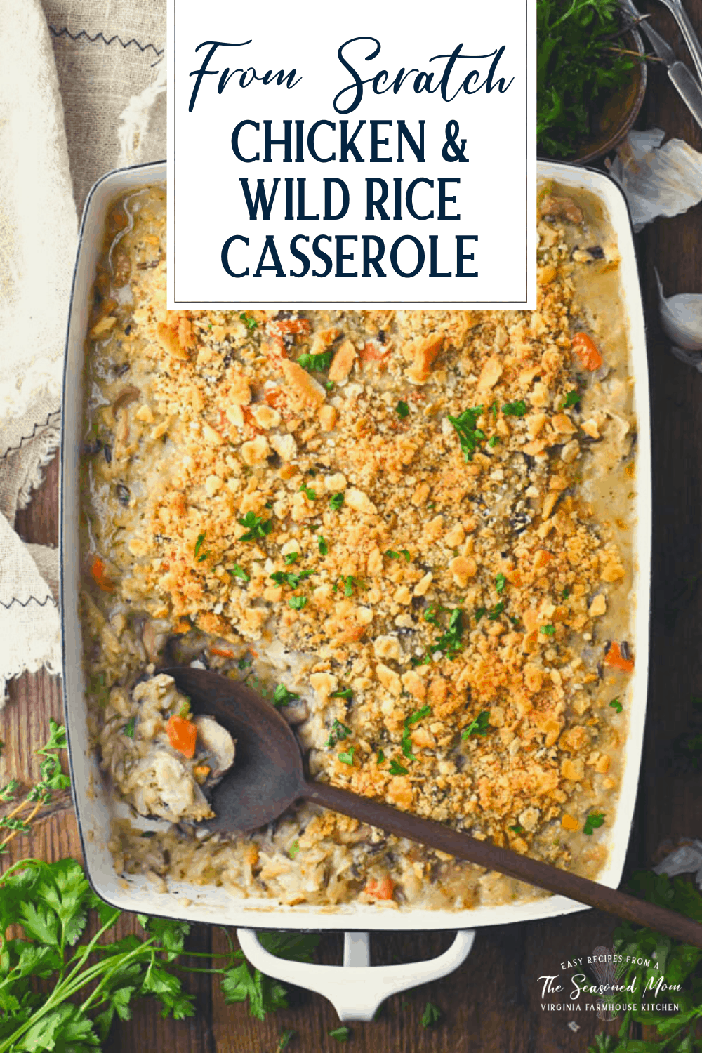 Overhead shot of the best chicken and wild rice casserole with text title overlay