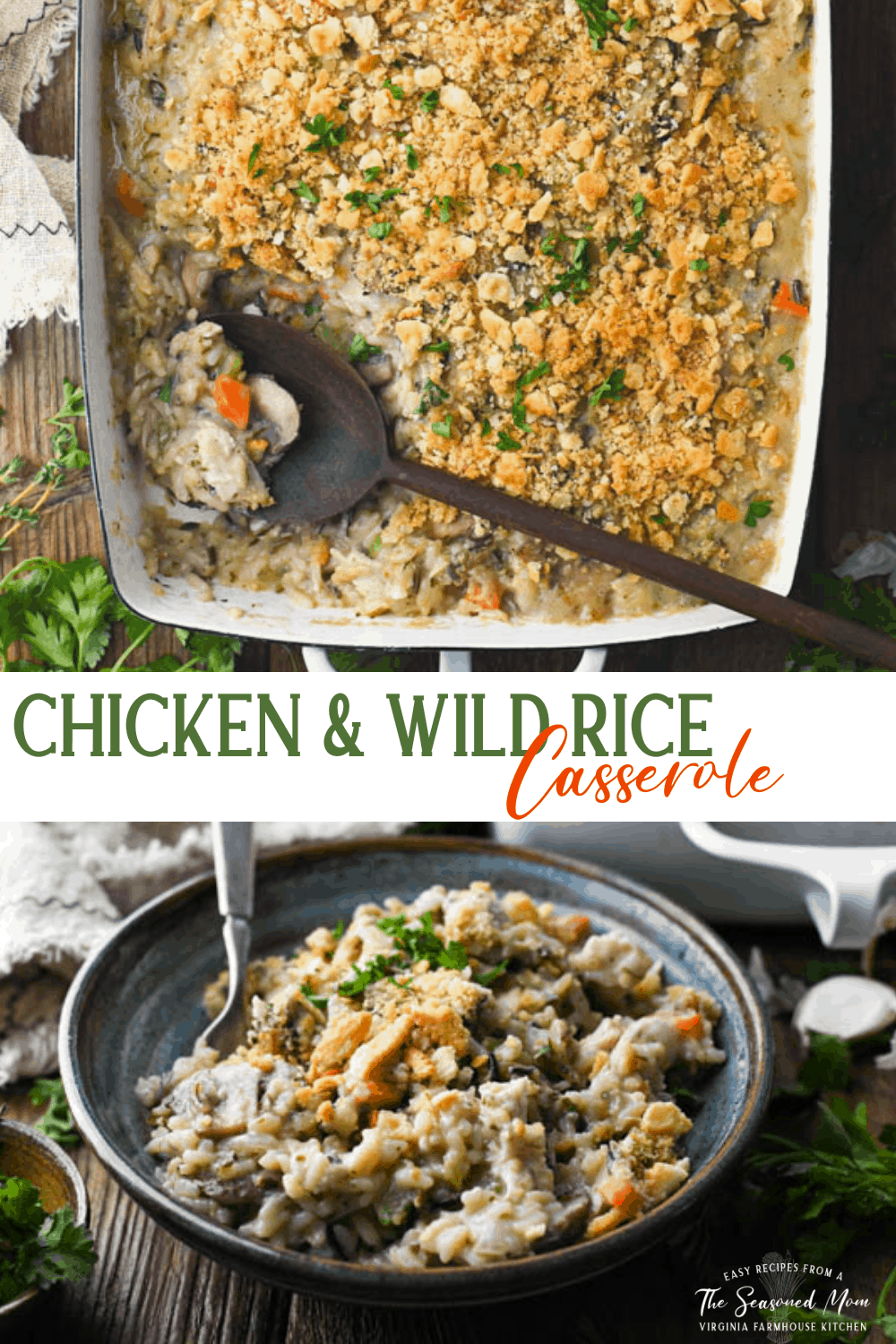 Long collage of chicken and wild rice casserole