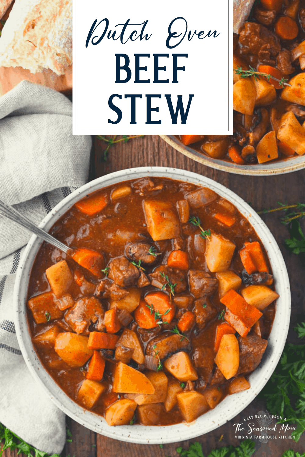 Overhead shot of Dutch Oven beef stew with text title overlay