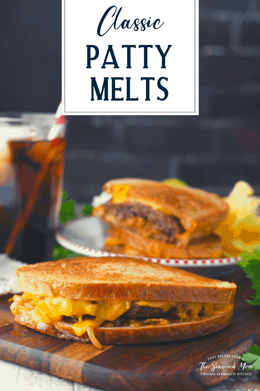 Patty melt on a cutting board with text title overlay