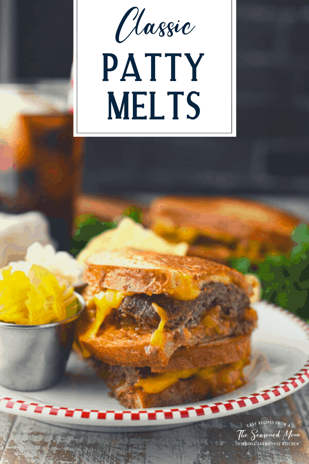 Patty melts on a plate with text title overlay