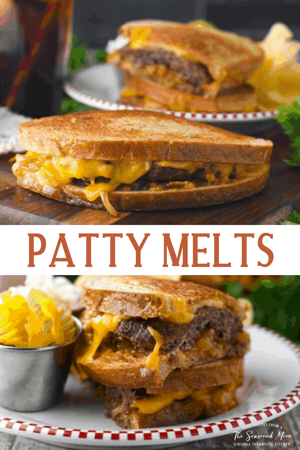Long collage image of Patty Melt sandwiches
