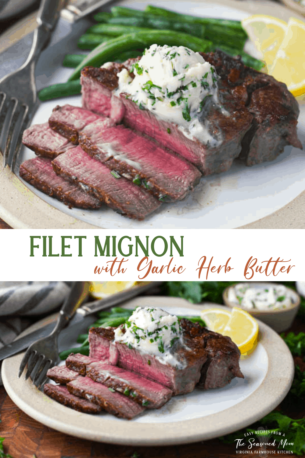 Long collage image of how to cook filet mignon in a cast iron skillet