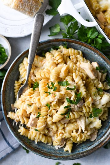 Dump and Bake Chicken Alfredo Pasta Casserole - The Seasoned Mom