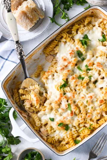 Dump and Bake Chicken Alfredo Pasta Casserole - The Seasoned Mom