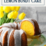 Spatula lifting a slice of lemon bundt cake with cake mix and title box at the top