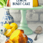 Slice of moist lemon bundt cake using cake mix with text title overlay