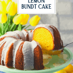 Serving a slice of lemon bundt cake with text title overlay