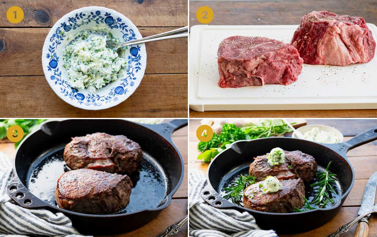 Horizontal collage of process shots showing how to cook filet mignon in a cast iron skillet.