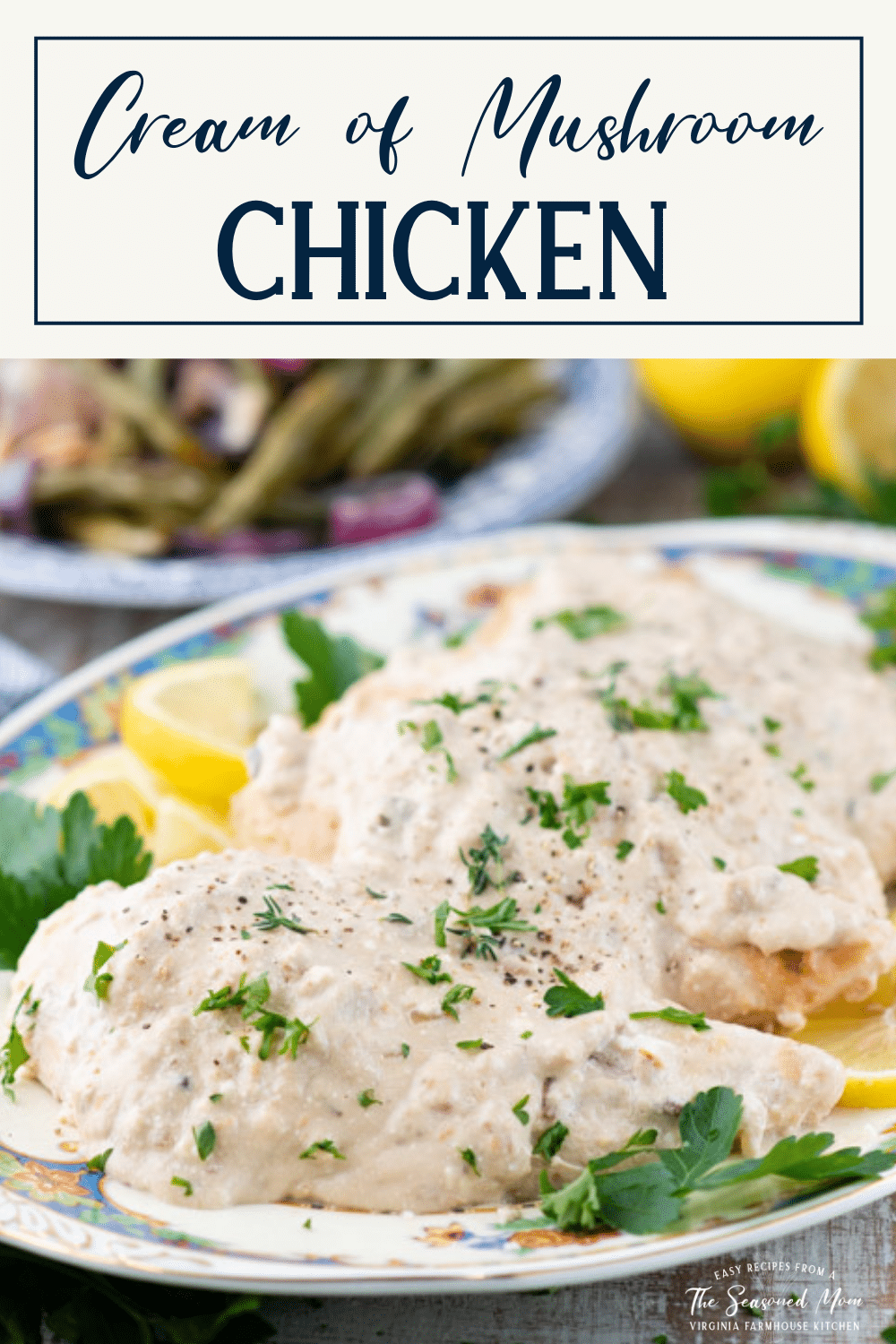 Baked cream of mushroom chicken with text title box at top