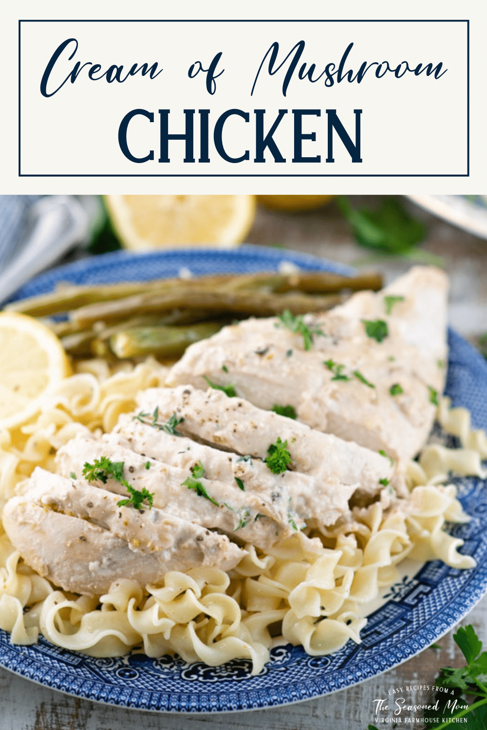 Sliced chicken breast with cream of mushroom soup with text title box at top