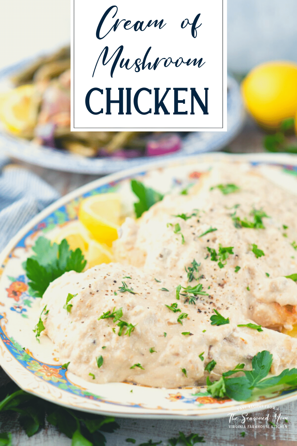 Baked cream of mushroom chicken on a platter with text title overlay