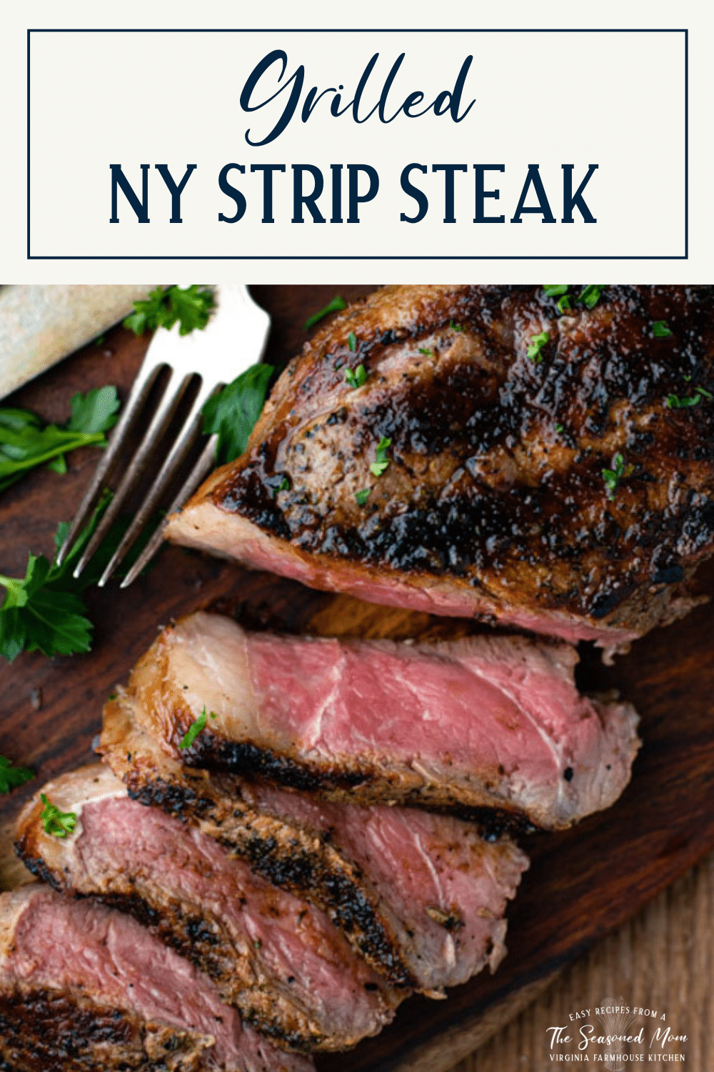 Overhead shot of New York Strip Steak recipe with text title box at top