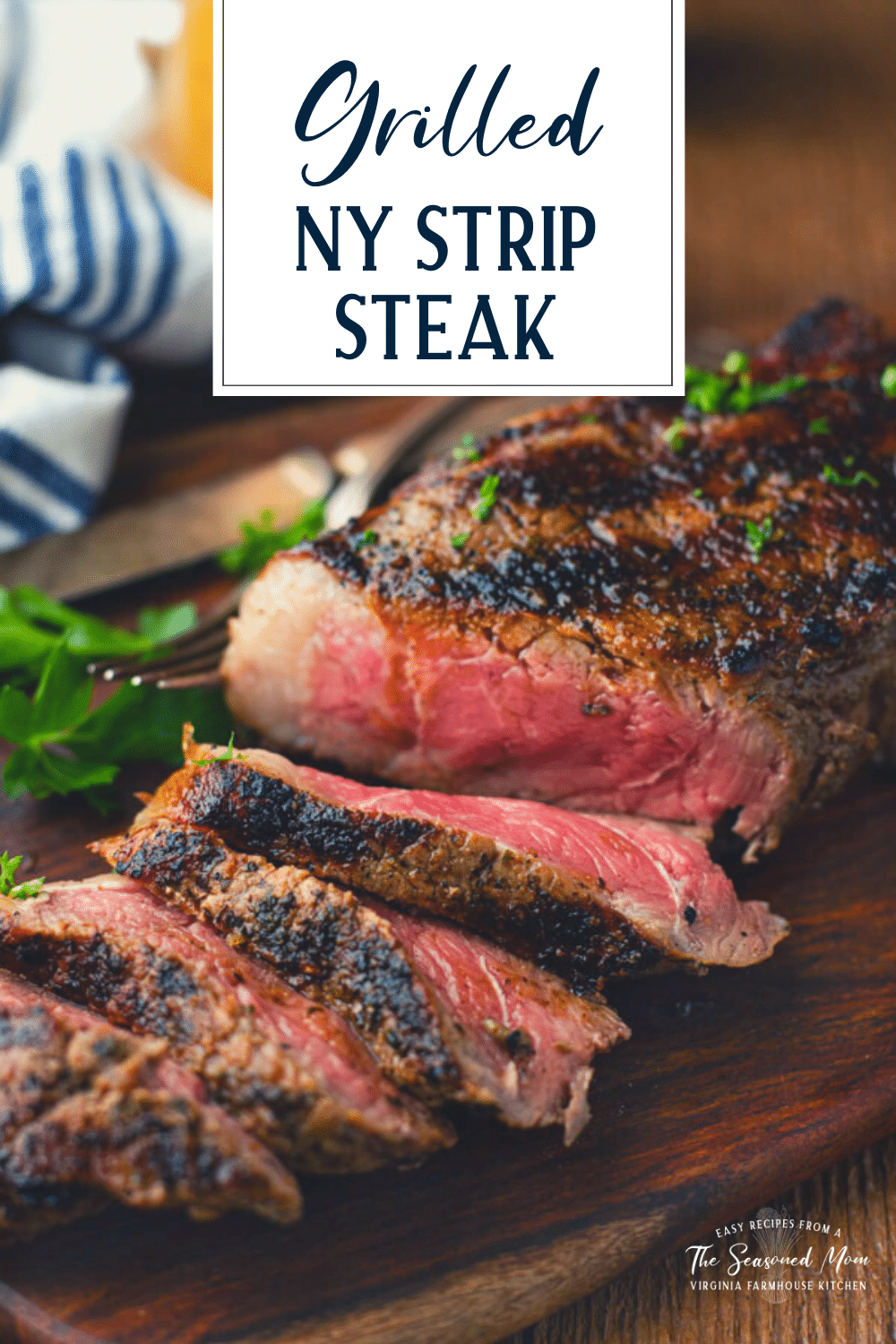Close up shot of showing how to grill New York Strip steak with text title overlay