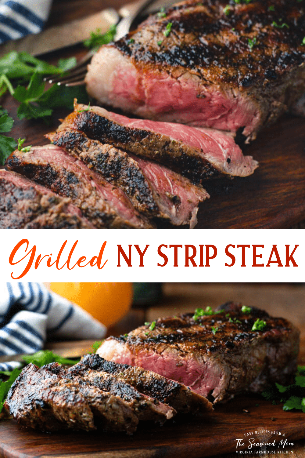 Long collage image of grilled New York Strip Steak recipe