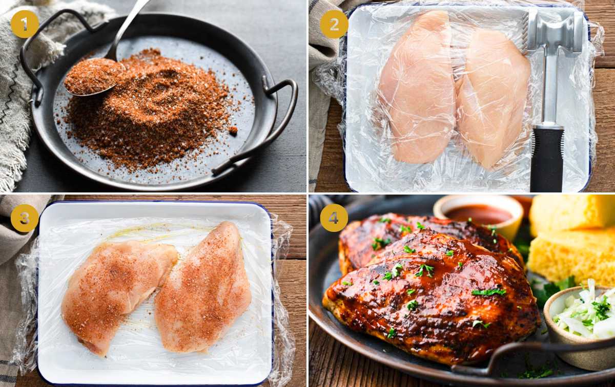 Horizontal collage of process shots showing how to make bbq chicken breast.