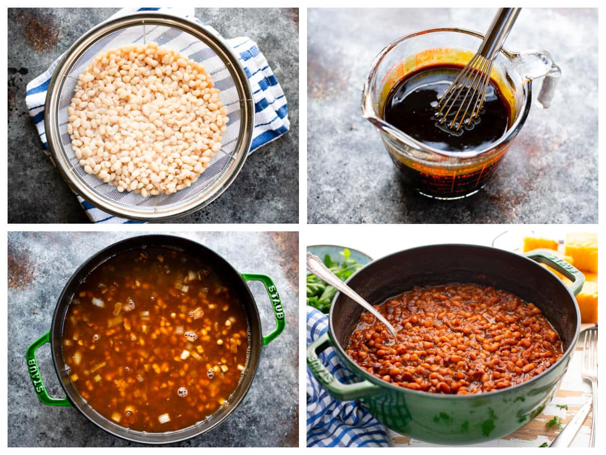 Collage of process shots showing how to make homemade baked beans from scratch with bacon and molasses.