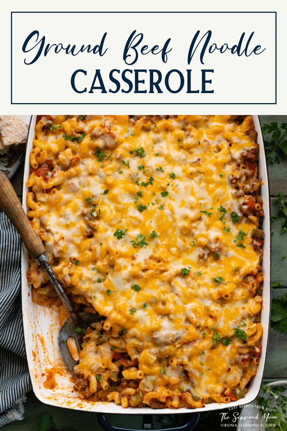 Beef noodle casserole on a green table with text title box at top