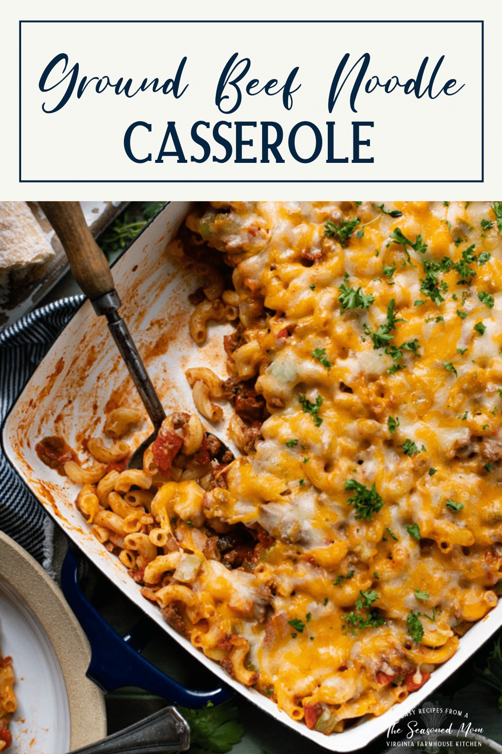 Overhead shot of a casserole dish full of cheesy ground beef and noodles