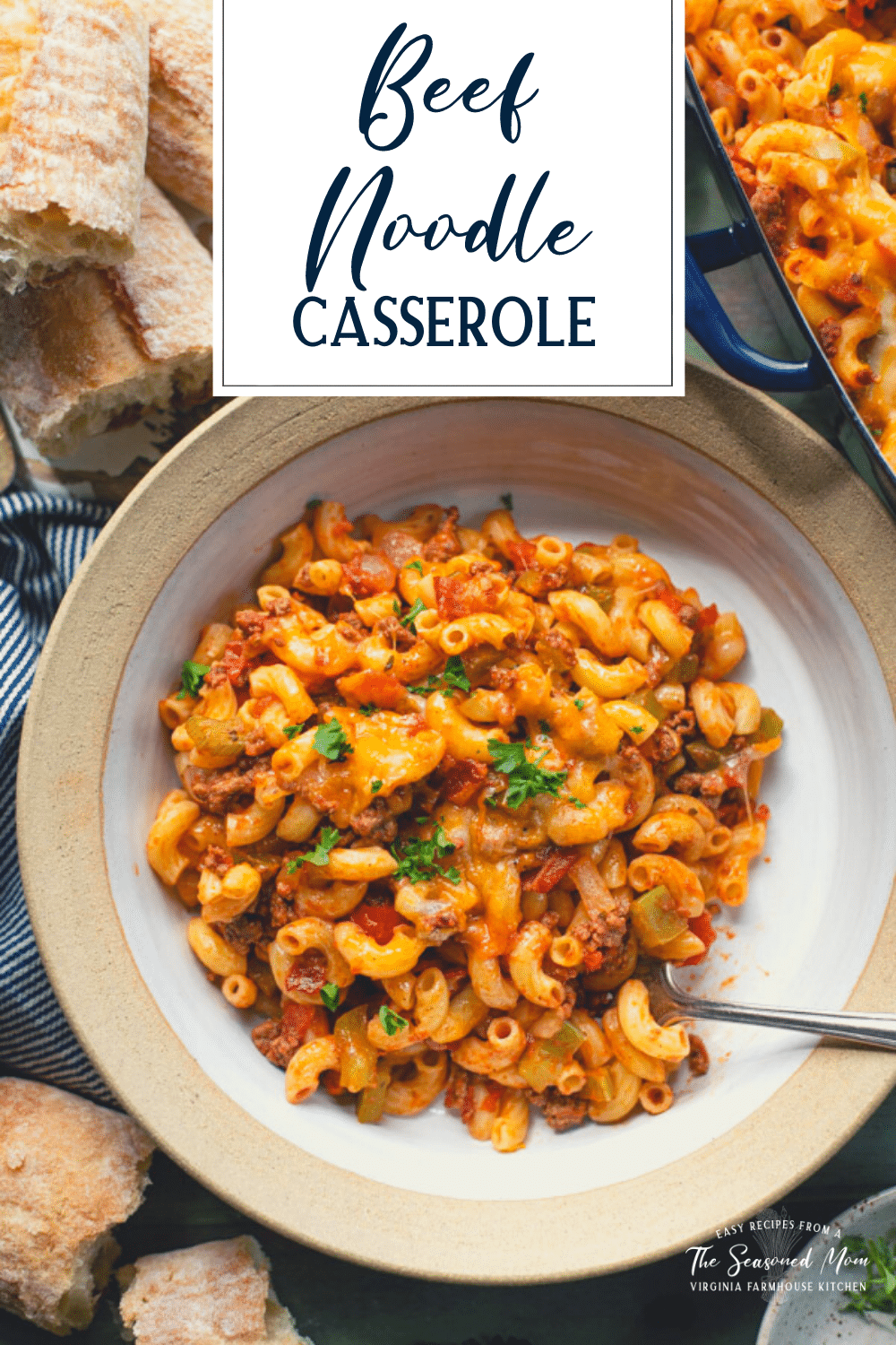 Overhead shot of a bowl of beef noodle casserole with text title overlay