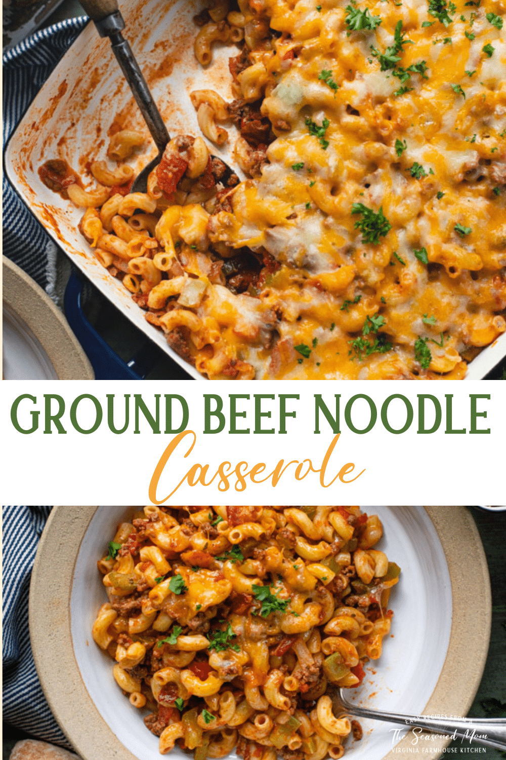 Long collage image of ground beef noodle casserole