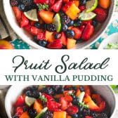 Long collage image of easy fruit salad with vanilla pudding.