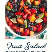 Easy fruit salad with vanilla pudding and text title at the bottom.