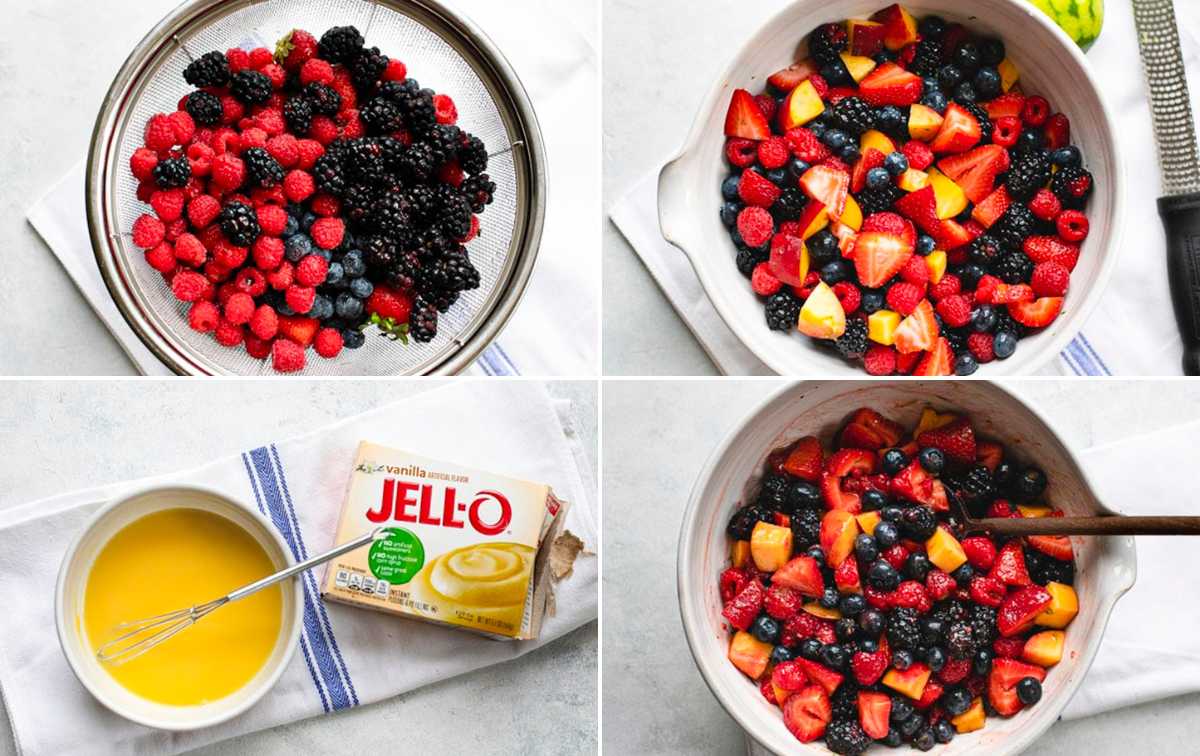 Horizontal collage of process shots showing how to make easy fruit salad recipe with vanilla pudding dressing.