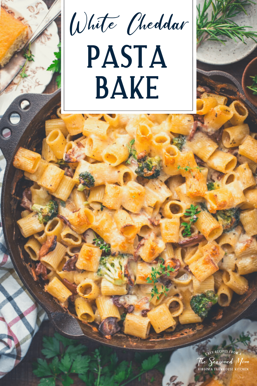 Overhead pasta bake with text title overlay