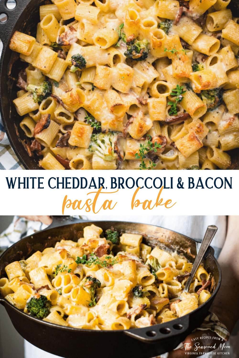 Long collage image of white cheddar broccoli and bacon pasta bake