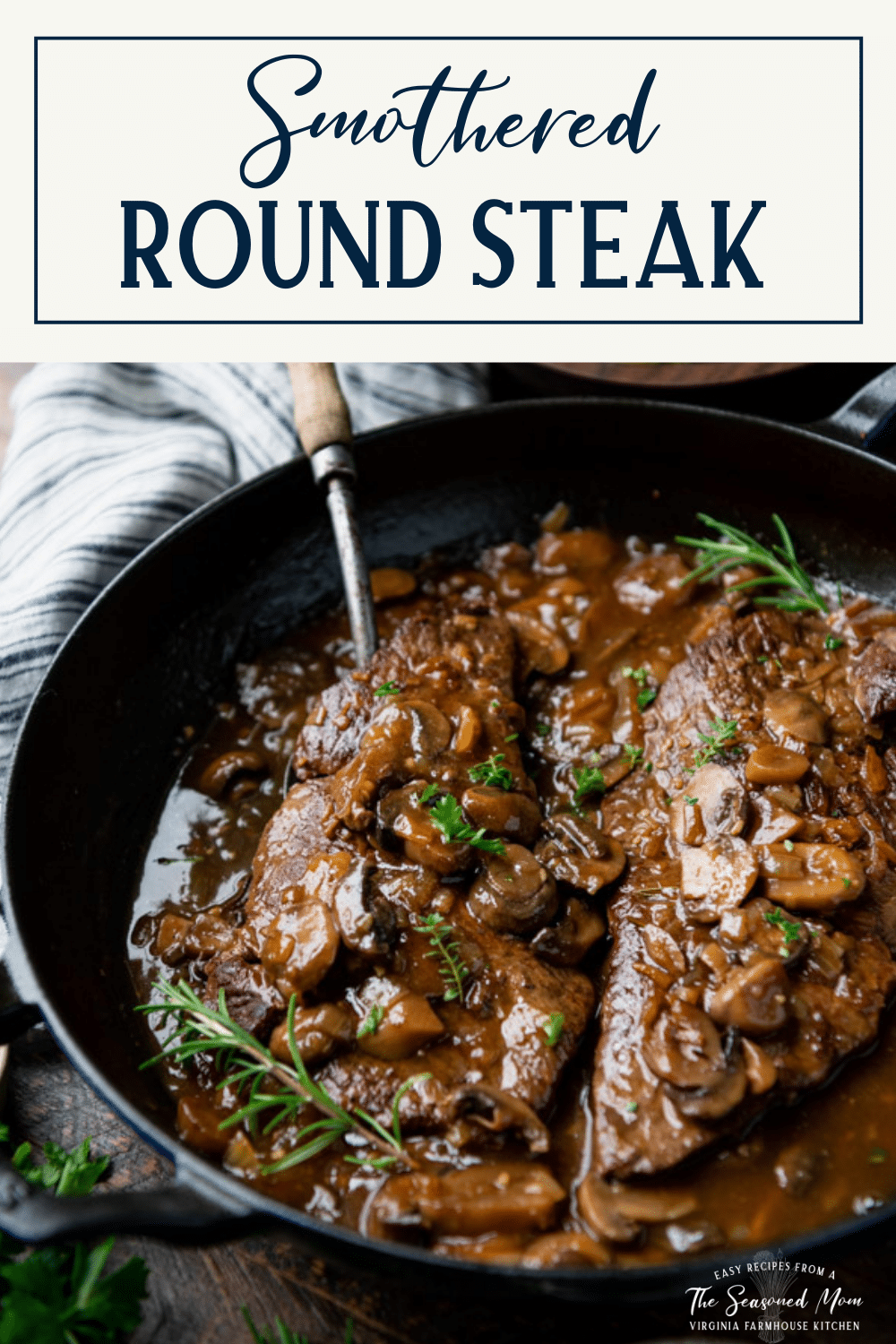 Side shot of a pan of top round steak with text title box at top