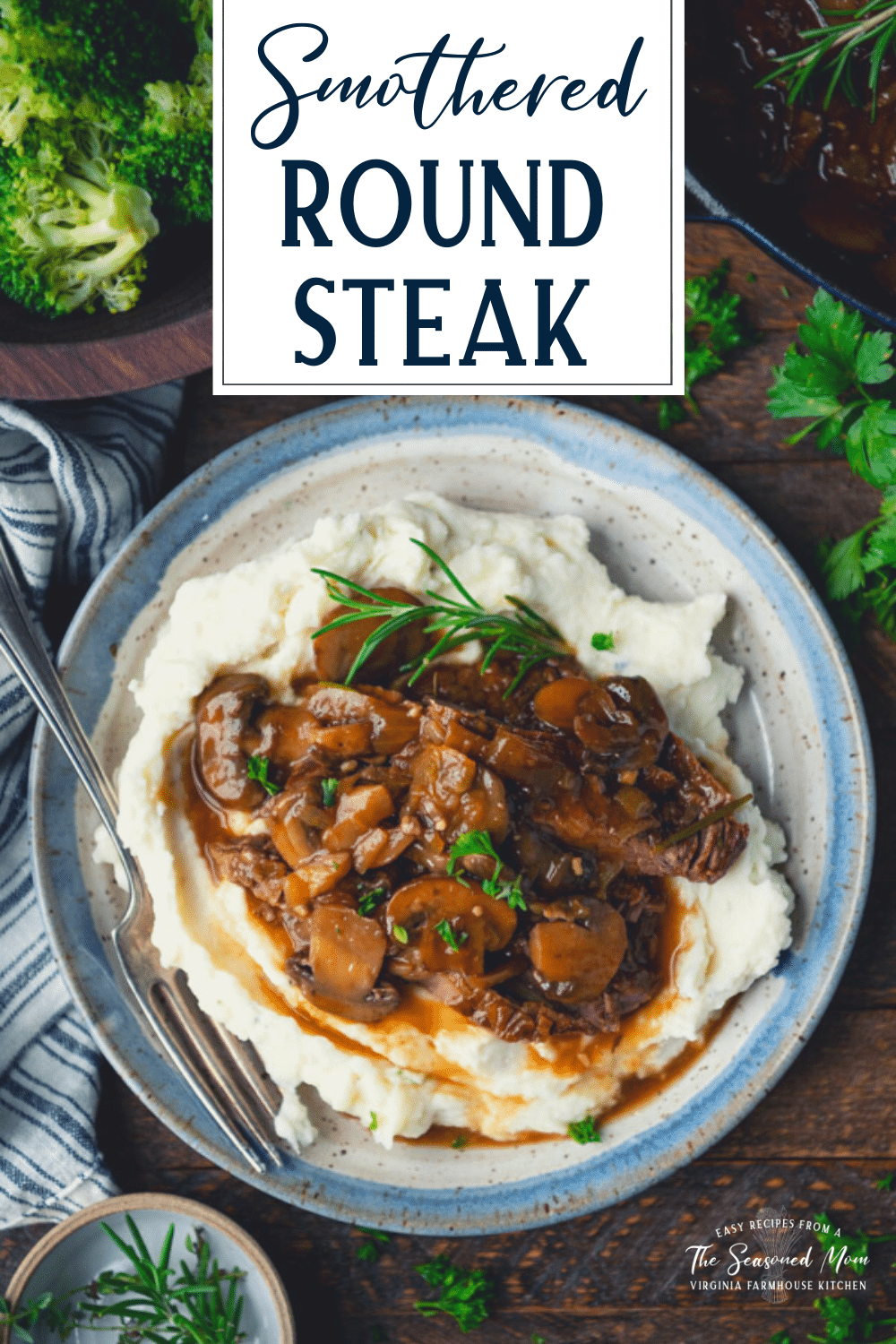 Overhead shot of a plate of smothered round steak with mushroom gravy and mashed potatoes with text title overlay