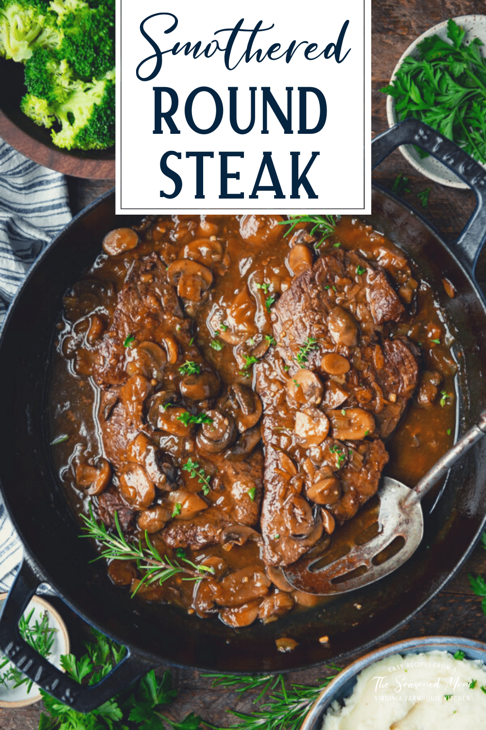 Overhead shot of the best round steak recipe with text title box at top