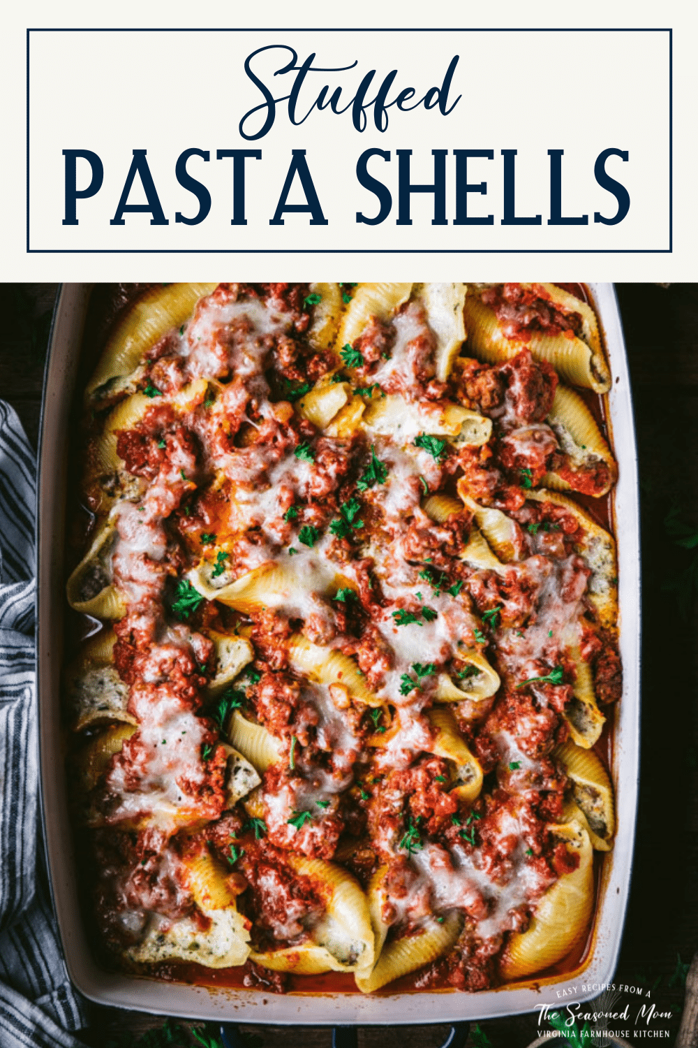 Overhead image of the best stuffed pasta shells recipe with text title box at top