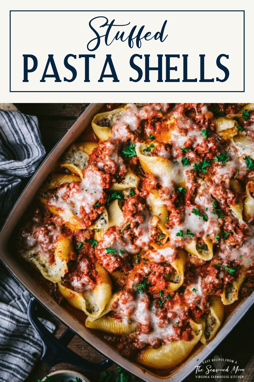 Overhead shot of beef stuffed shells with text title box at top