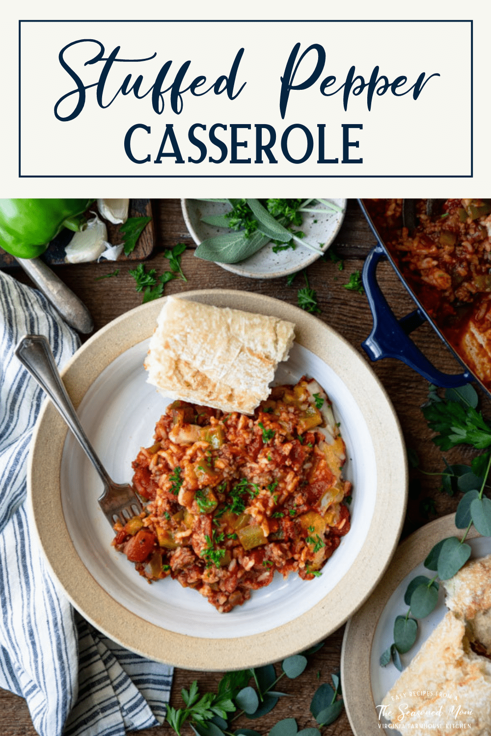 Overhead shot of stuffed pepper casserole in a white bowl with text title box at top