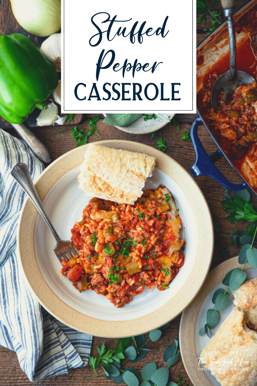 Stuffed bell pepper casserole recipe served in a bowl with text title overlay