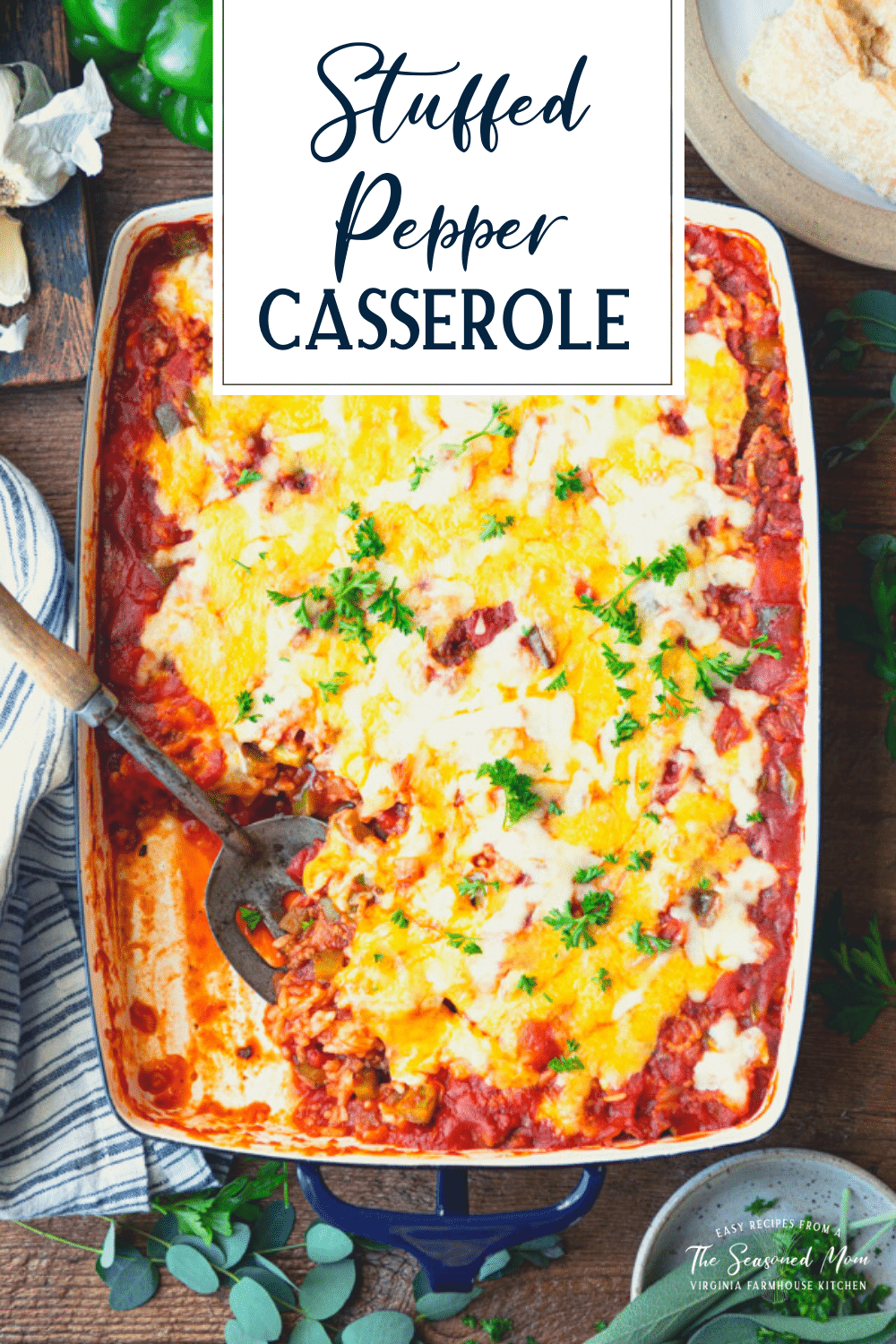 Overhead shot of a pan of easy stuffed pepper casserole with text title overlay