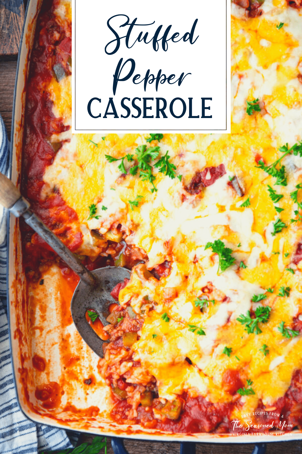 Close overhead shot of a pan of stuffed pepper casserole with text title overlay