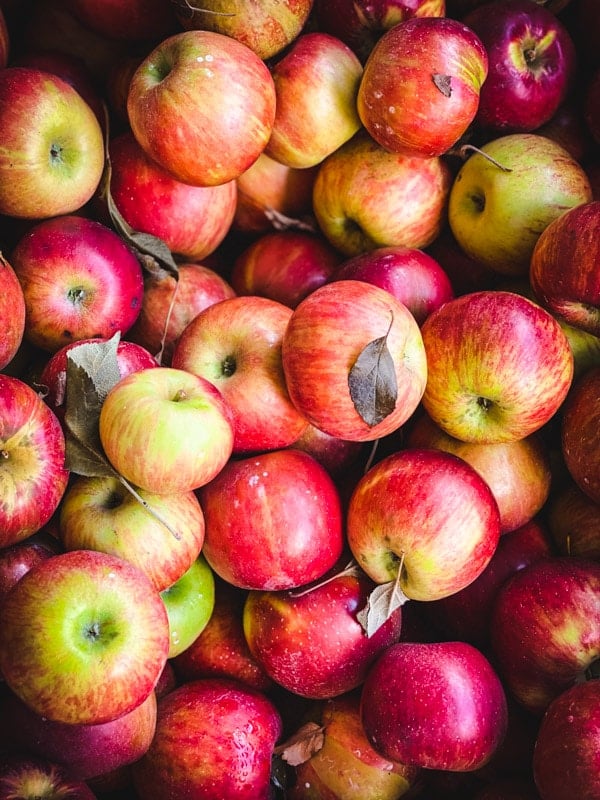 Close overhead shot of a bin of apples