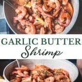 Long collage image of garlic butter shrimp with Old Bay.