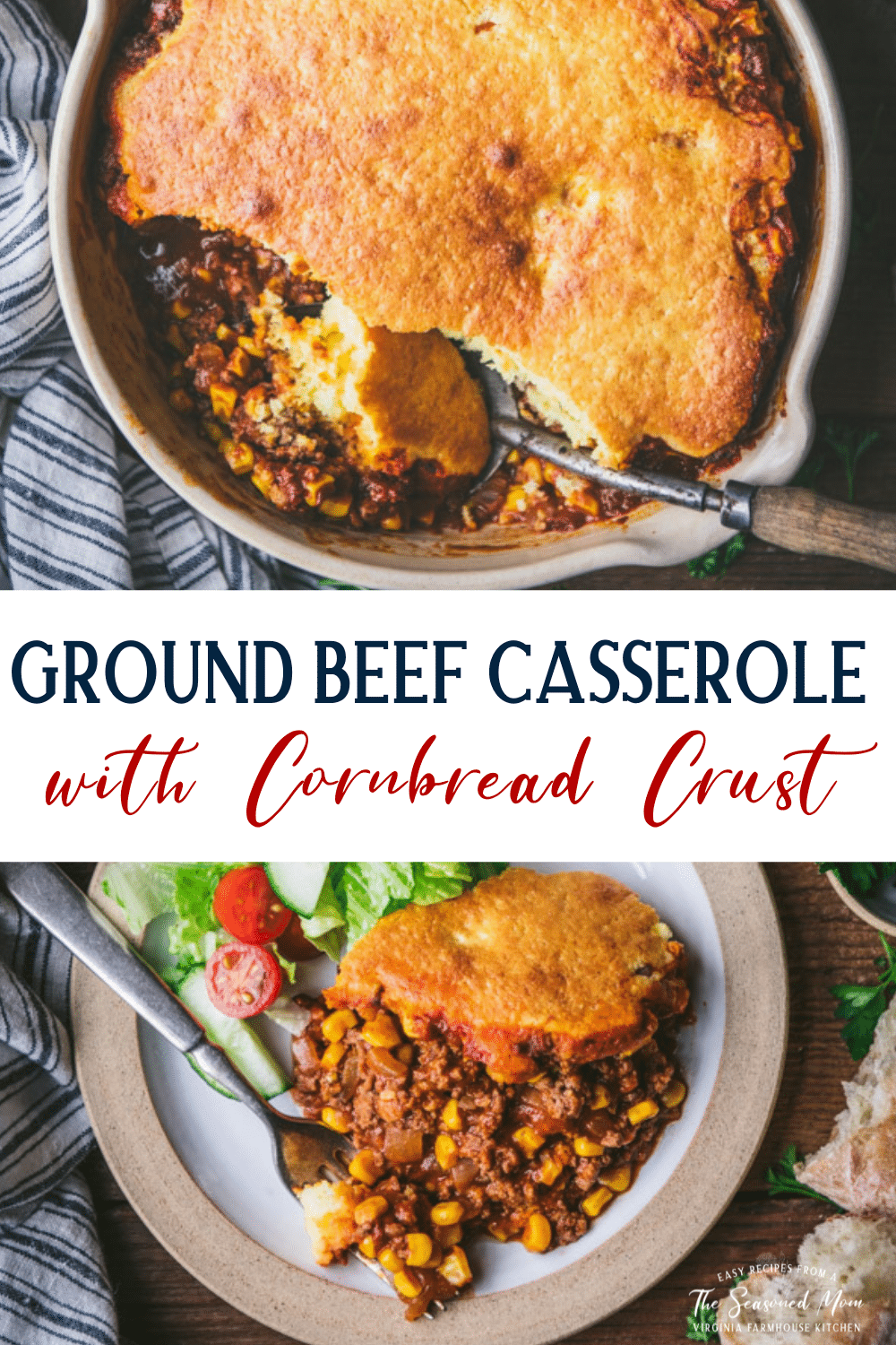 Long collage image of ground beef casserole with cornbread crust