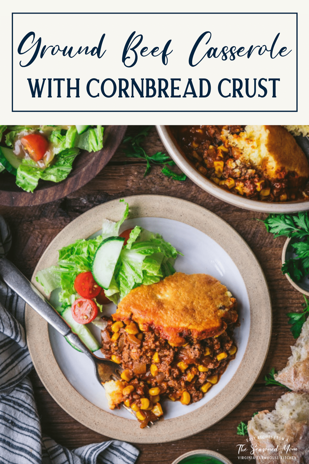 Overhead shot of a plate of ground beef casserole with cornbread topping and text title box at top