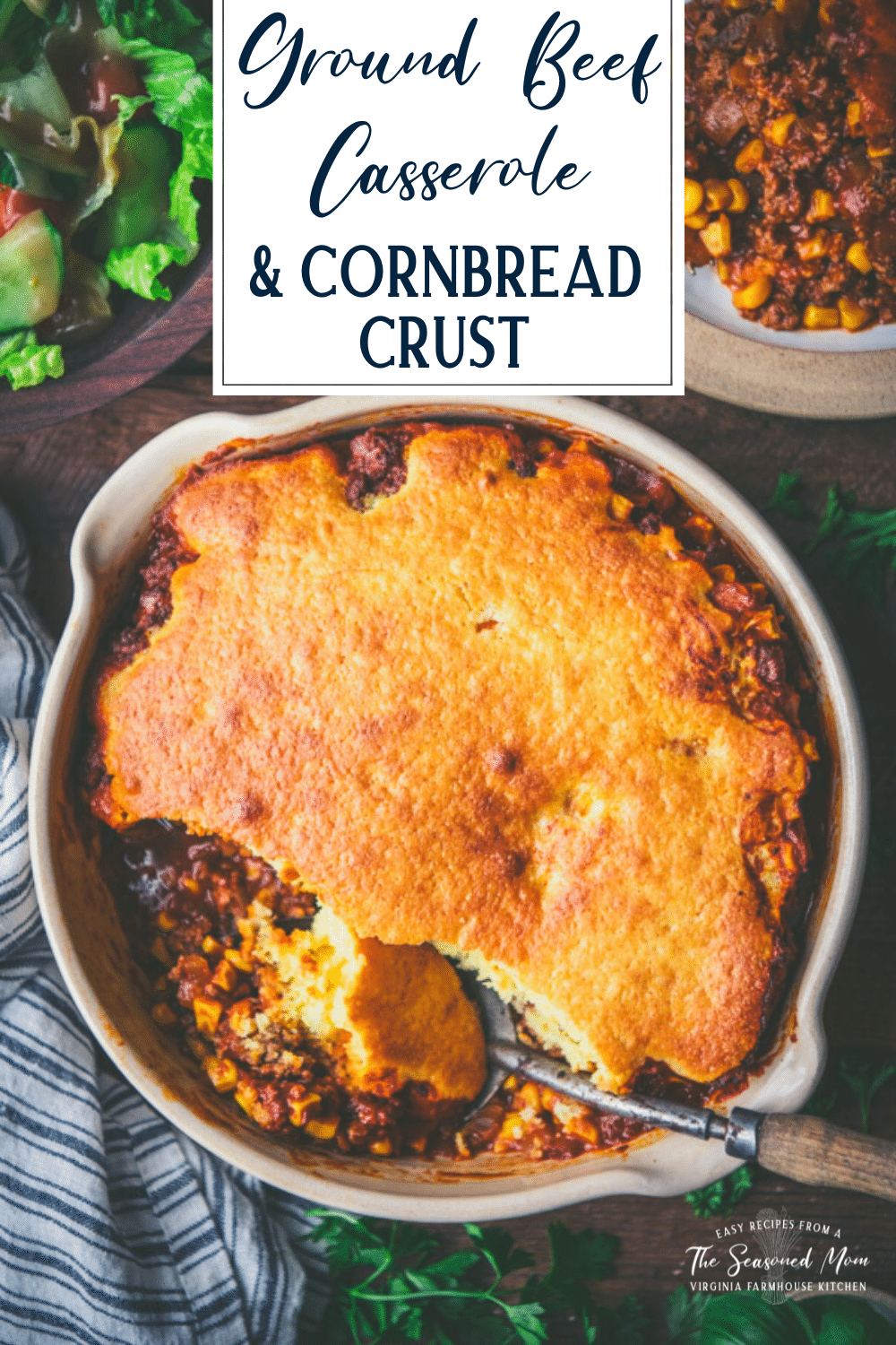 Overhead image of a pan of ground beef casserole with cornbread crust and text title overlay