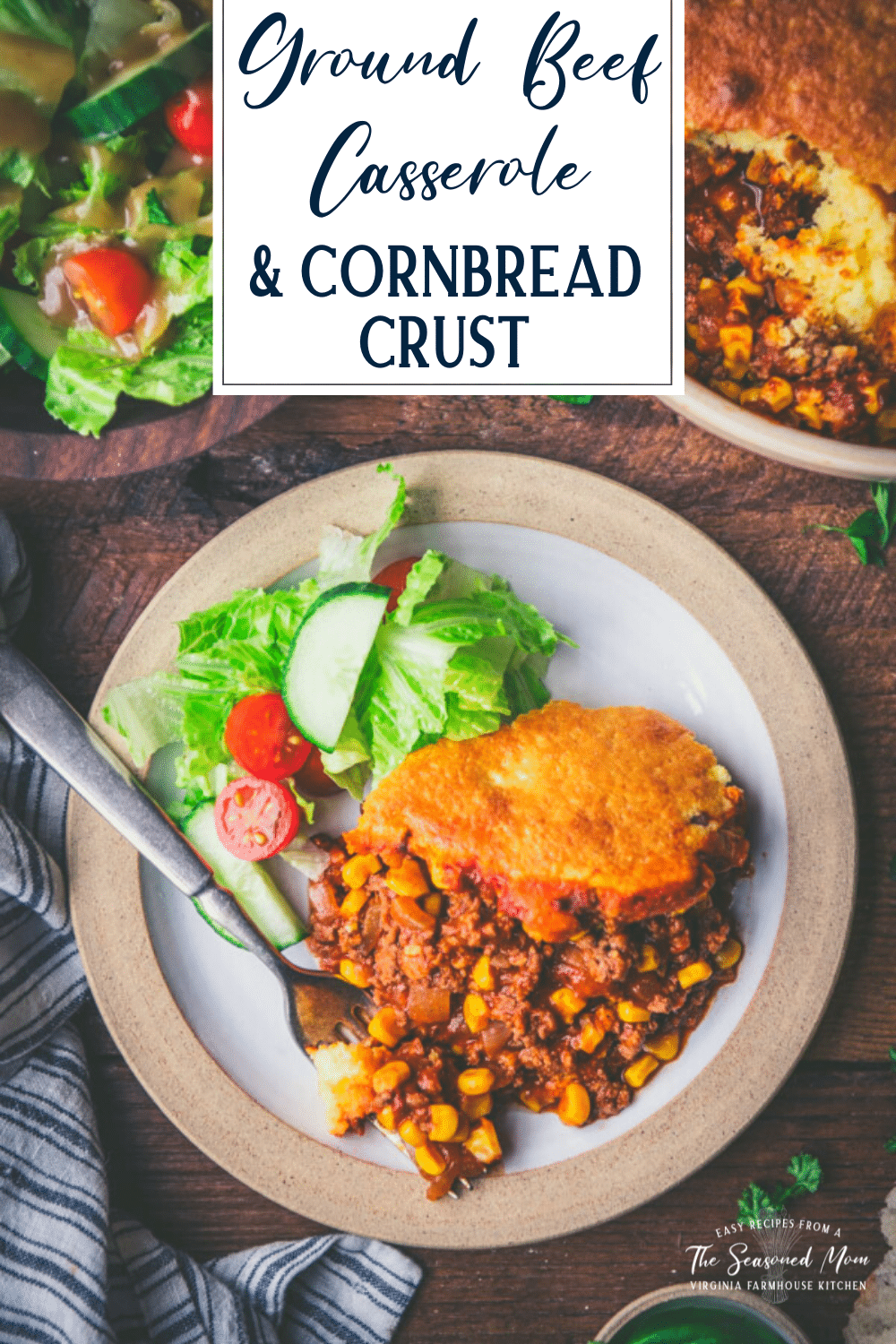 Overhead image of a plate of ground beef cornbread casserole with text title overlay